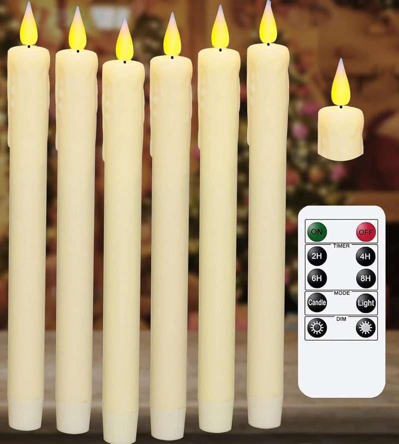 KSWING Upgraded Real Wax LED Flameless Taper Candles with Remote, 6 PCS Ivory Dripping Candlesticks Battery Operated 3D Flickering - 9.6" Long Realistic Fake Candle Sticks for Home/Wedding/Xmas Decor - Image 1